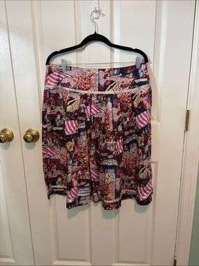 Autograph Multicolor Floral & Stripe Circle Skirt in Pink and Navy